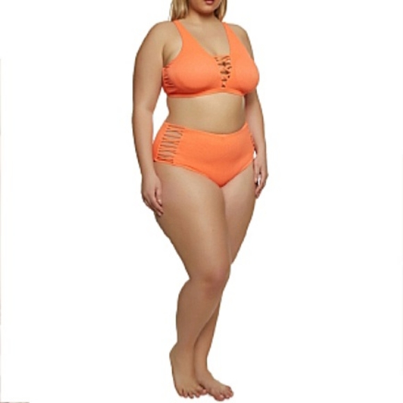 SEXY ☆ ORANGE CAGED FRONT ☆ RIBBED BIKINI ☆ NWT - Picture 2 of 13